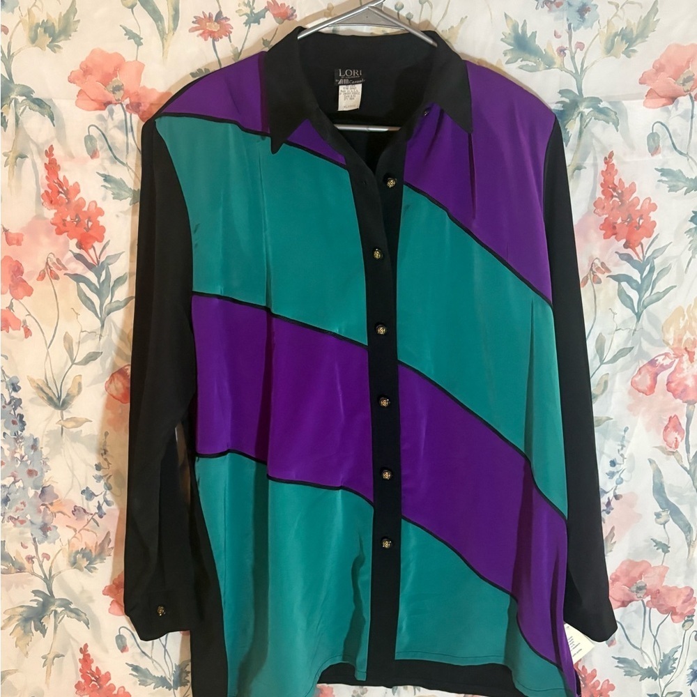 Vintage Colorblock Button-Up Blouse - Black, Green, Purple
